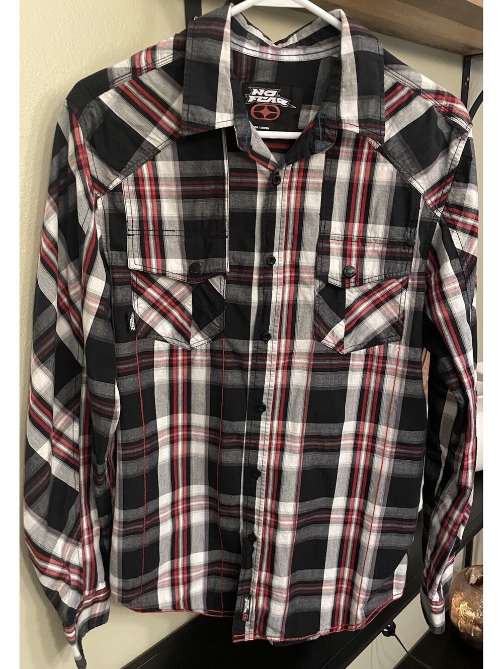 Vintage No Fear 90s Mens Sz Medium Flannel Shirt Red Black Plaid Pockets